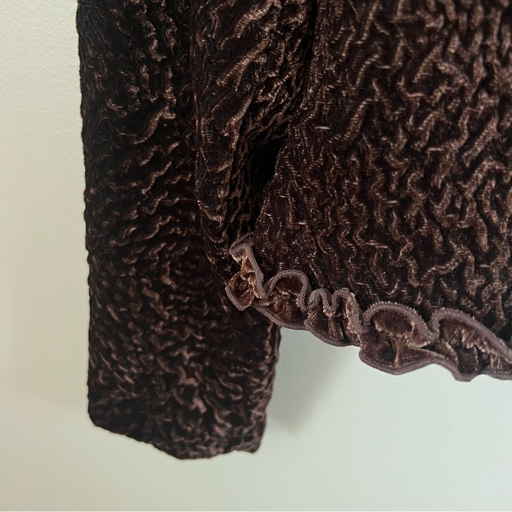 Emma James VTG-Inspired Textured Espresso Ruffle Open Front Blazer Jacket SZ 14 - Picture 12 of 15